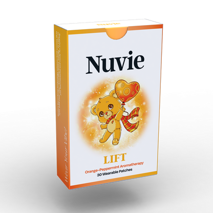 Nuvie LIFT box with teddy bear holding a heart-shaped balloon on white background.