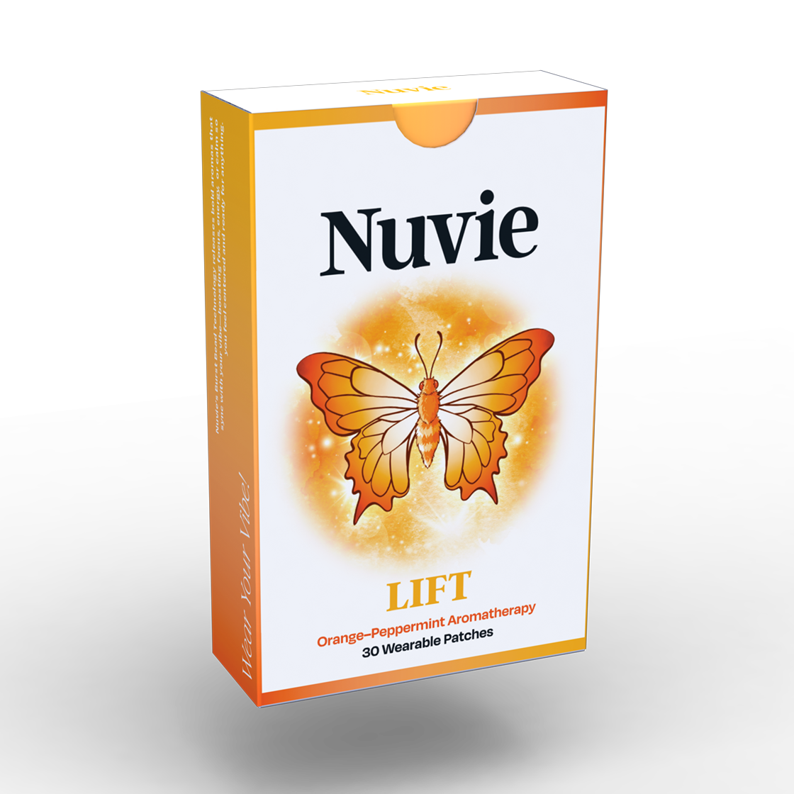 Nuvie LIFT orange-peppermint aromatherapy patch box with vibrant butterfly design.
