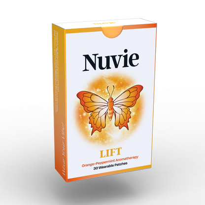 Nuvie LIFT orange-peppermint aromatherapy patch box with vibrant butterfly design.