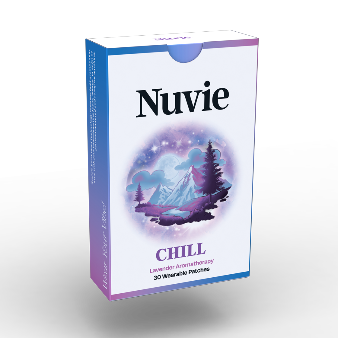 Nuvie CHILL box with fantasy landscape design, purple and blue gradient packaging, lavender aromatherapy patches.