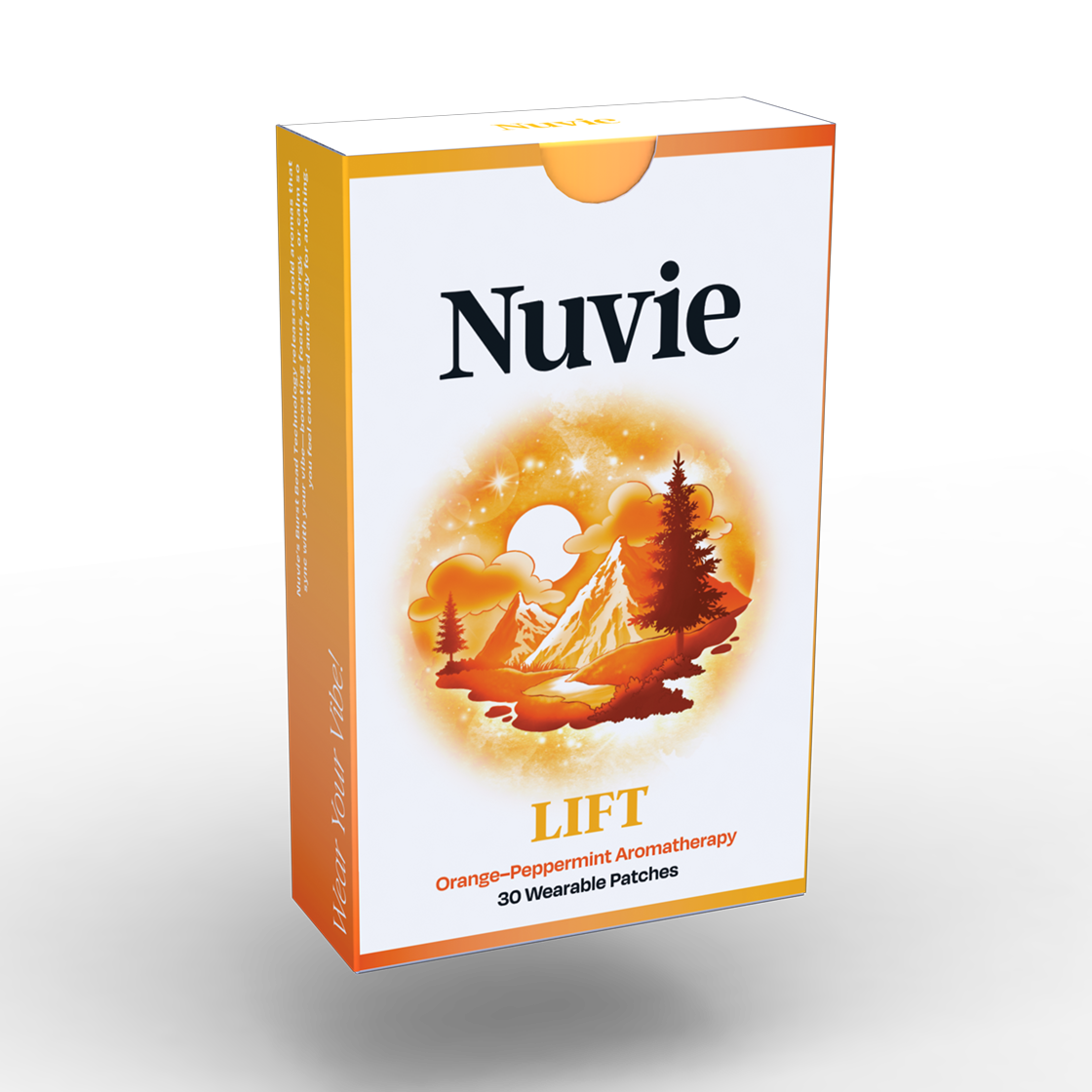 Nuvie LIFT orange-peppermint aromatherapy patch packaging with sunset landscape illustration and 30 wearable patches text.