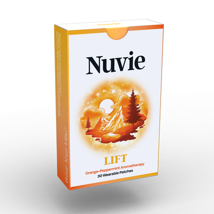 Nuvie LIFT orange-peppermint aromatherapy patch packaging with sunset landscape illustration and 30 wearable patches text.