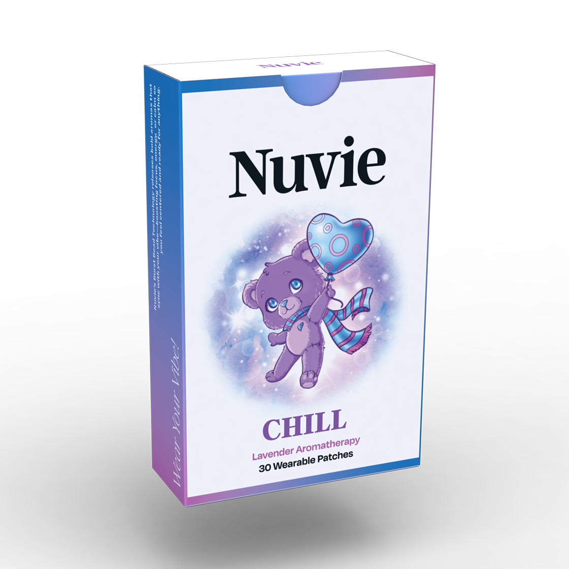 Nuvie CHILL lavender aromatherapy patch box with teddy bear holding heart balloon illustration on white background.