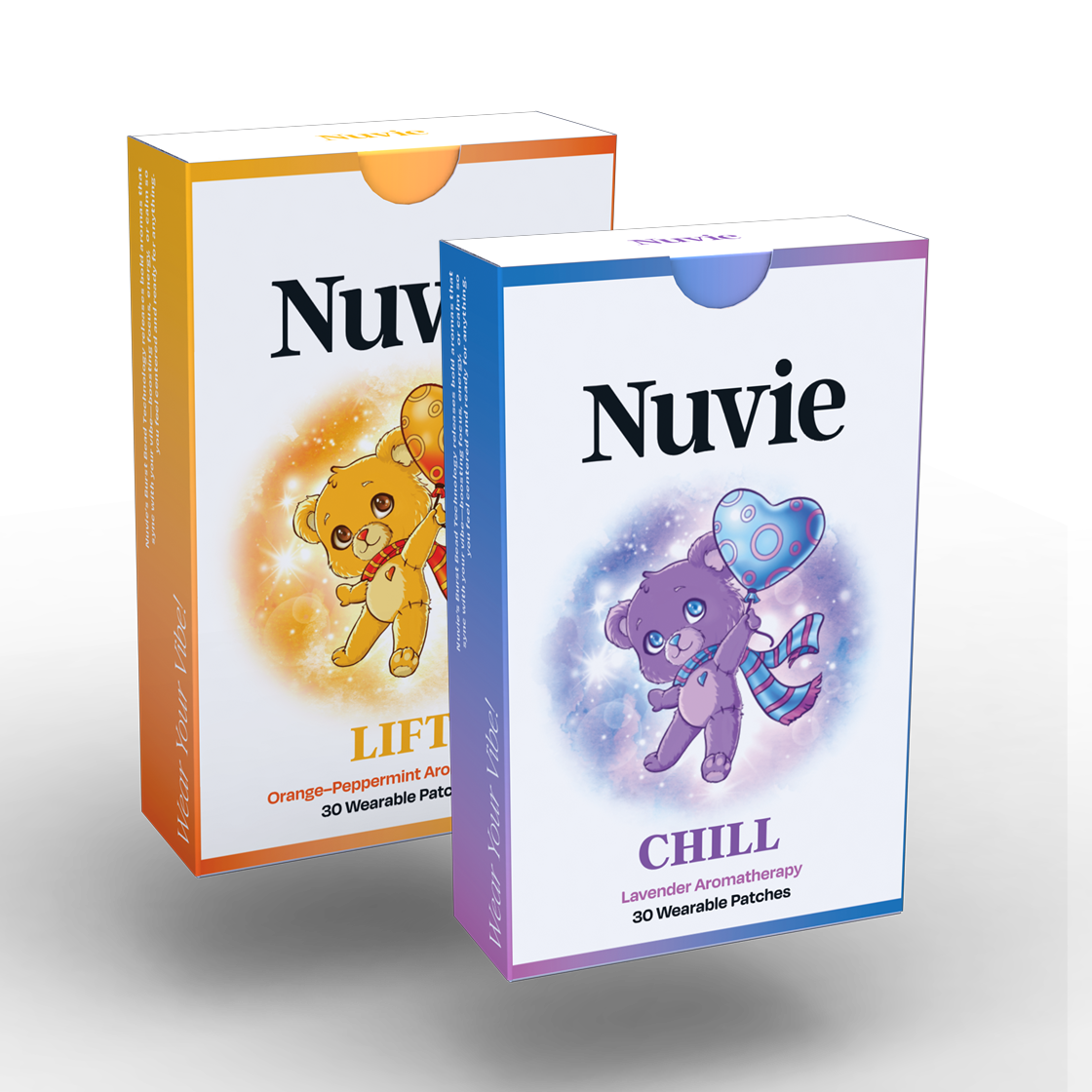 Nuvie CHILL lavender-infused patch box with purple bear holding a heart and butterfly design, Nuvie LIFT orange-pomegranate.