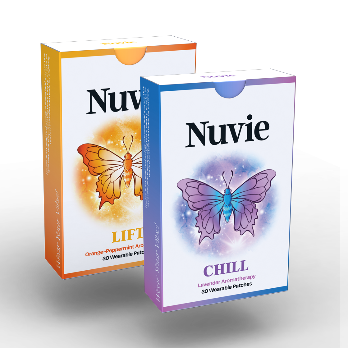 Nuvie CHILL lavender patch with butterfly design in purple and blue tones next to LIFT orange-pomegranate patch with.