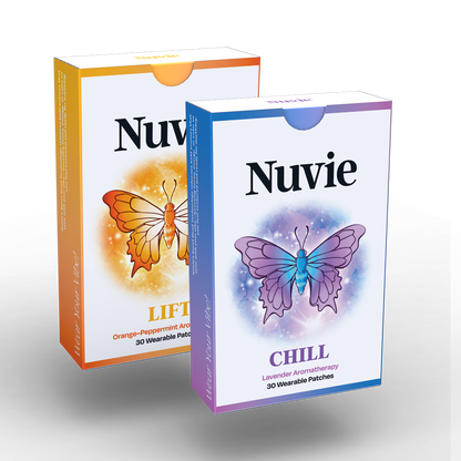 Nuvie CHILL lavender patch with butterfly design in purple and blue tones next to LIFT orange-pomegranate patch with.