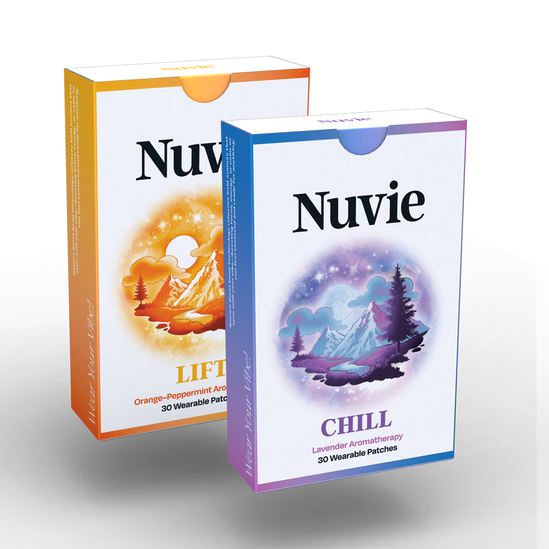 Nuvie CHILL lavender-scented acne treatment box with purple and blue fantasy landscape design, alongside Nuvie LIFT orange.