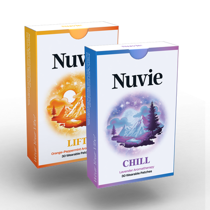 Nuvie CHILL lavender-scented acne treatment box with purple and blue fantasy landscape design, alongside Nuvie LIFT orange.