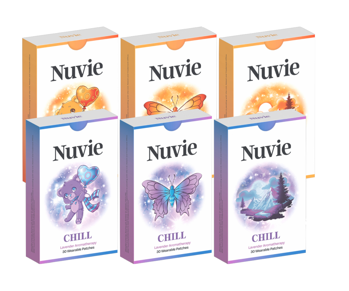 Six Nuvie CHILL + LIFT skincare product boxes, three with orange slice designs, three with purple and pastel illustrations.