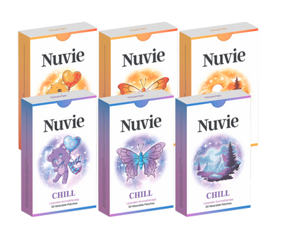 Six Nuvie CHILL + LIFT skincare product boxes, three with orange slice designs, three with purple and pastel illustrations.